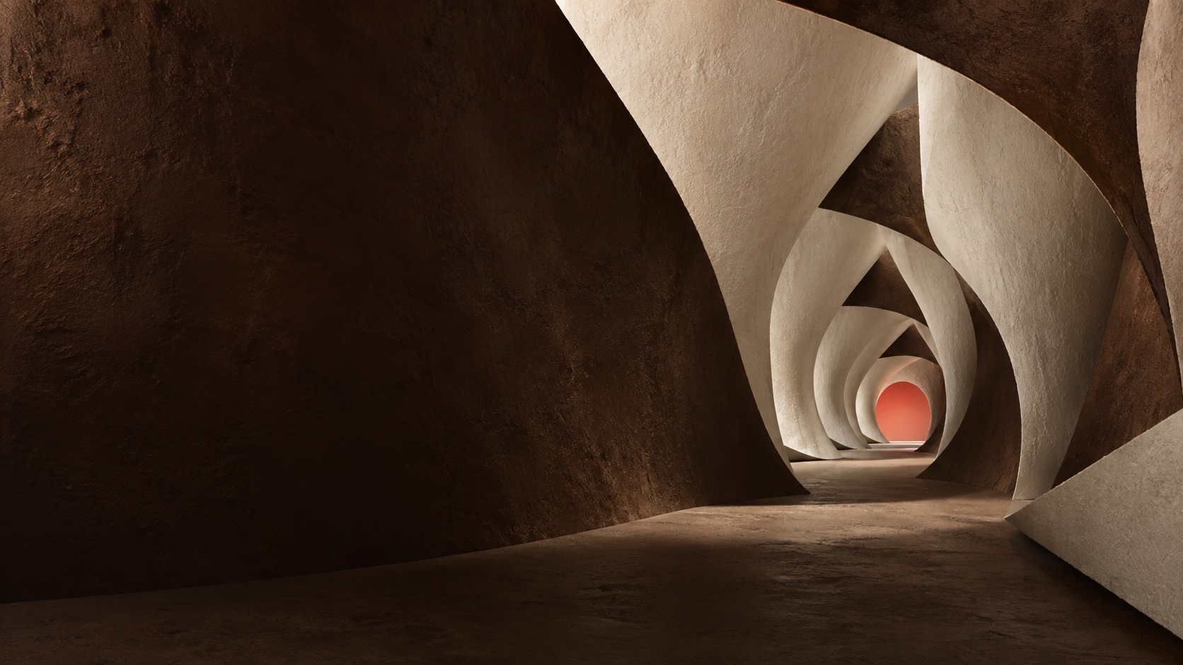 Sculpted sheets of ivory paper and dark clay lead toward a coral-lit opening.